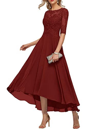 Minetom Brautmutterkleid Damen Elegant Spitzenkleid Chiffon Rundhalsausschnitt Abendkleid Cocktailkleid A-Linie Lang Spitzen Hochzeit Kleider Formell Ballkleid Weinrot M von Minetom