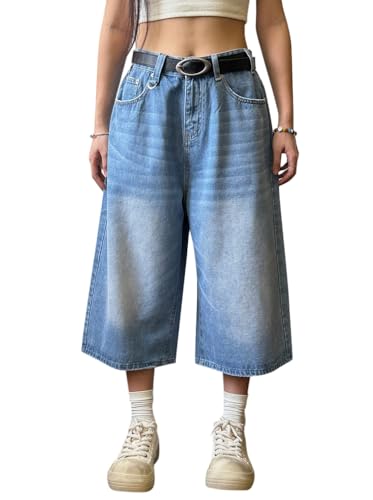Minetom Caprihose Damen 3/4 Jeanshose Baggy Jeans Shorts Retro Sommer Denim Hose High Waist Jeanshorts Freizeithose Streetwear A Hellblau XL von Minetom