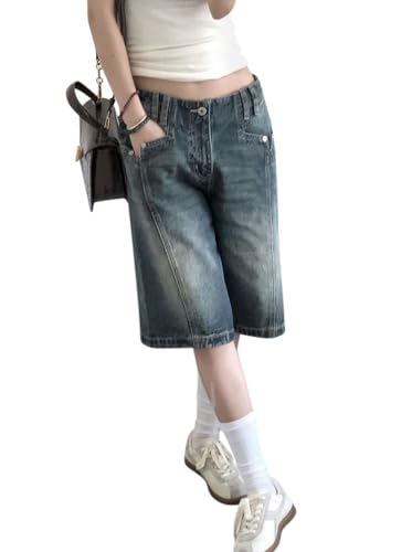Minetom Caprihose Damen 3/4 Jeanshose Baggy Jeans Shorts Retro Sommer Denim Hose High Waist Jeanshorts Freizeithose Streetwear F Blau XL von Minetom