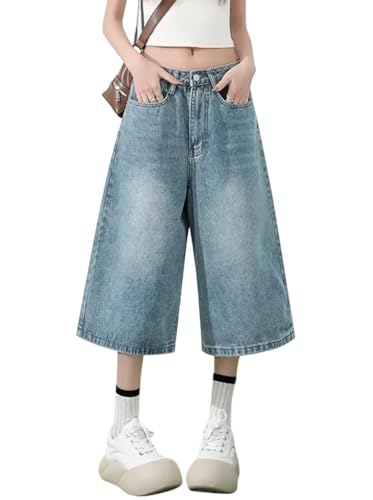 Minetom Caprihose Damen 3/4 Jeanshose Baggy Jeans Shorts Retro Sommer Denim Hose High Waist Jeanshorts Freizeithose Streetwear G Blau L von Minetom