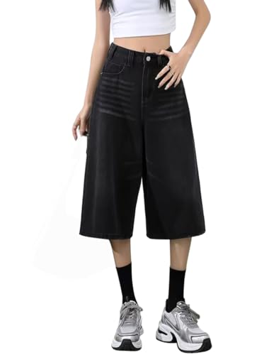 Minetom Caprihose Damen 3/4 Jeanshose Baggy Jeans Shorts Retro Sommer Denim Hose High Waist Jeanshorts Freizeithose Streetwear G Schwarz M von Minetom