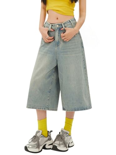Minetom Caprihose Damen 3/4 Jeanshose Baggy Jeans Shorts Retro Sommer Denim Hose High Waist Jeanshorts Freizeithose Streetwear I Blau S von Minetom