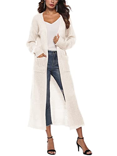 Minetom Cardigan Damen Lang Jacke Herbst Frühling Langarm Einfarbig Lose Casual Oversize Offene Strickmantel Lang Strickjacke mit Taschen A Beige L von Minetom