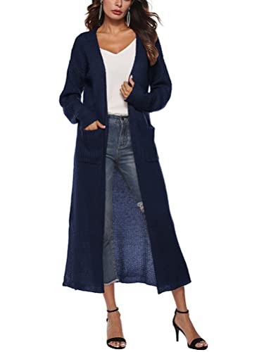 Minetom Cardigan Damen Lang Jacke Herbst Frühling Langarm Einfarbig Lose Casual Oversize Offene Strickmantel Lang Strickjacke mit Taschen A Blau M von Minetom