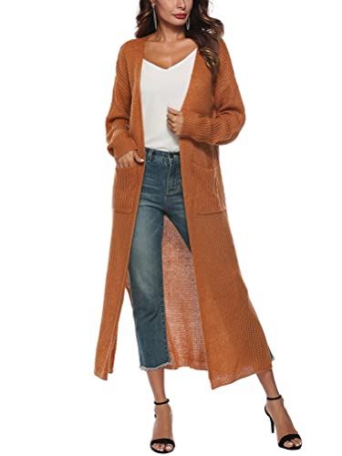 Minetom Cardigan Damen Lang Jacke Herbst Frühling Langarm Einfarbig Lose Casual Oversize Offene Strickmantel Lang Strickjacke mit Taschen A Gelb L von Minetom