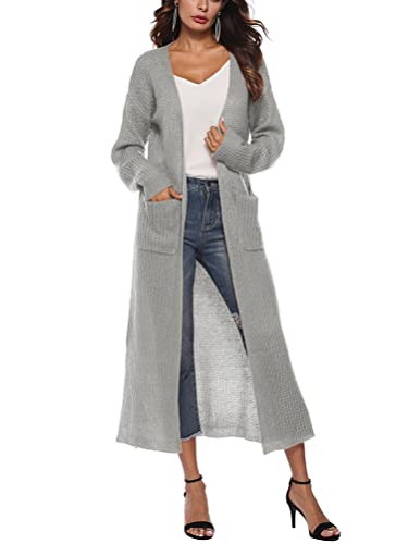 Minetom Cardigan Damen Lang Jacke Herbst Frühling Langarm Einfarbig Lose Casual Oversize Offene Strickmantel Lang Strickjacke mit Taschen A Grau S von Minetom