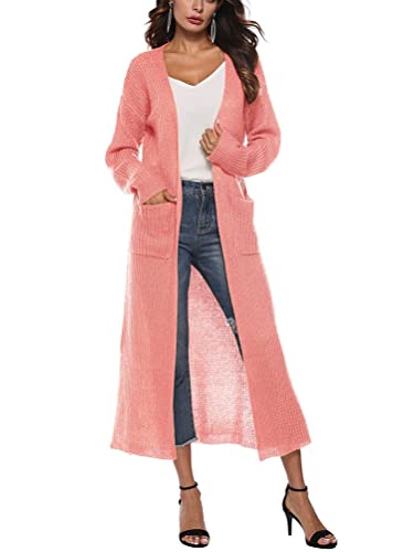 Minetom Cardigan Damen Lang Jacke Herbst Frühling Langarm Einfarbig Lose Casual Oversize Offene Strickmantel Lang Strickjacke mit Taschen A Rosa XL von Minetom