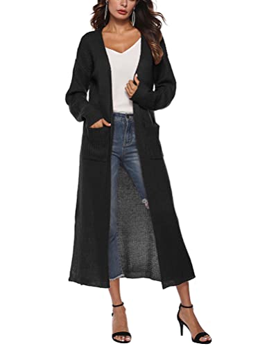 Minetom Cardigan Damen Lang Jacke Herbst Frühling Langarm Einfarbig Lose Casual Oversize Offene Strickmantel Lang Strickjacke mit Taschen A Schwarz XXL von Minetom