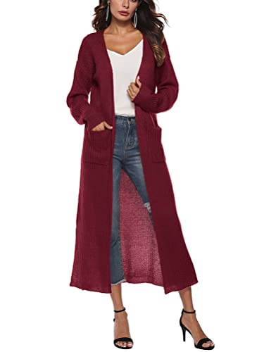 Minetom Cardigan Damen Lang Jacke Herbst Frühling Langarm Einfarbig Lose Casual Oversize Offene Strickmantel Lang Strickjacke mit Taschen A Weinrot XXL von Minetom