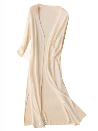 Minetom Cardigan Damen Sommer Dünne Lang Jacke Elegante 3/4 Ärmel Einfarbig Casual Leicht Offene Strickmantel Lang Strickjacke A Beige XS von Minetom