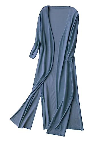 Minetom Cardigan Damen Sommer Dünne Lang Jacke Elegante 3/4 Ärmel Einfarbig Casual Leicht Offene Strickmantel Lang Strickjacke A Blau L von Minetom
