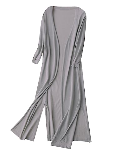 Minetom Cardigan Damen Sommer Dünne Lang Jacke Elegante 3/4 Ärmel Einfarbig Casual Leicht Offene Strickmantel Lang Strickjacke A Grau S von Minetom