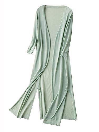 Minetom Cardigan Damen Sommer Dünne Lang Jacke Elegante 3/4 Ärmel Einfarbig Casual Leicht Offene Strickmantel Lang Strickjacke A Grün XXL von Minetom