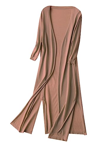 Minetom Cardigan Damen Sommer Dünne Lang Jacke Elegante 3/4 Ärmel Einfarbig Casual Leicht Offene Strickmantel Lang Strickjacke A Khaki S von Minetom