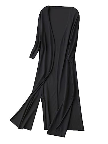 Minetom Cardigan Damen Sommer Dünne Lang Jacke Elegante 3/4 Ärmel Einfarbig Casual Leicht Offene Strickmantel Lang Strickjacke A Schwarz M von Minetom