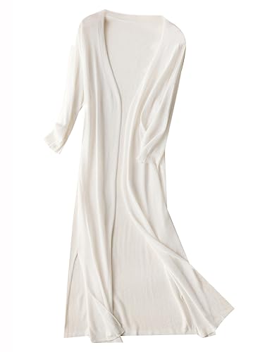 Minetom Cardigan Damen Sommer Dünne Lang Jacke Elegante 3/4 Ärmel Einfarbig Casual Leicht Offene Strickmantel Lang Strickjacke A Weiß XXL von Minetom