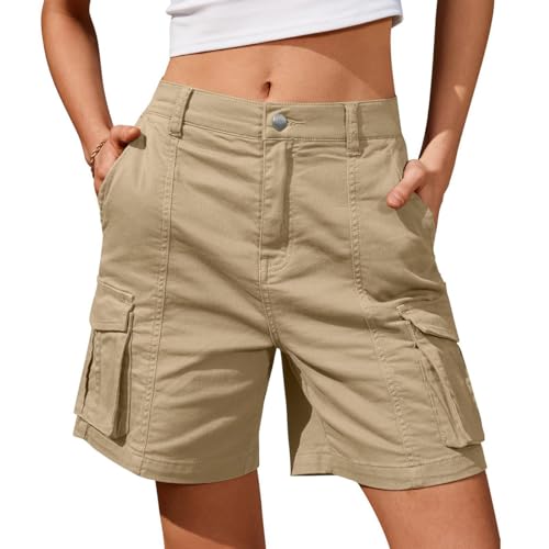 Minetom Cargo Shorts Damen Bermuda Lässig Elastische Hohe Taille Weite Bein Kurzhose Cargo Hosen Sommer Trekking Shorts Mit Taschen A Khaki XS von Minetom