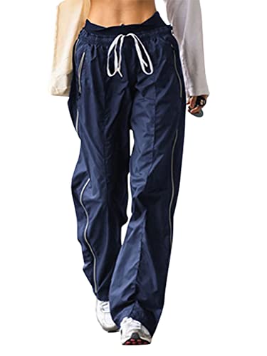 Minetom Cargohose Damen Baggy Pants Low Waist Hose Niedriger Taille Y2K Freizeithose mit Kordelzug Elastische Vintage Oversize Lose Breite Trousers 90er E-Girl Streetwear A Blau XS von Minetom