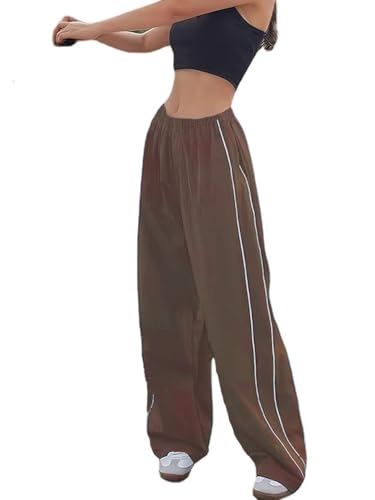 Minetom Cargohose Damen Baggy Pants Low Waist Hose Niedriger Taille Y2K Freizeithose mit Kordelzug Elastische Vintage Oversize Lose Breite Trousers 90er E-Girl Streetwear B Braun M von Minetom