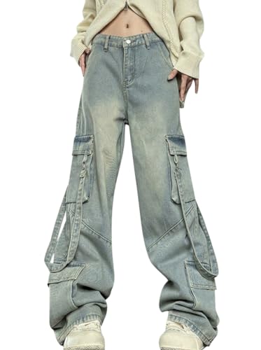 Minetom Cargohose Damen Jeanshose Baggy Multi Taschen Boyfriend Hose Locker Sport Freizeithose Denim Hose Casual Straight Jeans Streetwear A01 Blau XS von Minetom