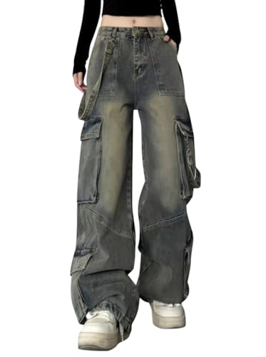 Minetom Cargohose Damen Jeanshose Baggy Multi Taschen Boyfriend Hose Locker Sport Freizeithose Denim Hose Casual Straight Jeans Streetwear A02 Blau M von Minetom