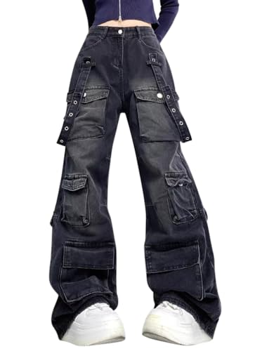 Minetom Cargohose Damen Jeanshose Baggy Multi Taschen Boyfriend Hose Locker Sport Freizeithose Denim Hose Casual Straight Jeans Streetwear A04 Schwarz L von Minetom