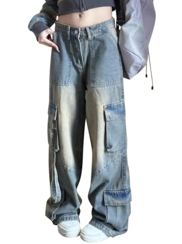 Minetom Cargohose Damen Jeanshose Baggy Multi Taschen Boyfriend Hose Locker Sport Freizeithose Denim Hose Casual Straight Jeans Streetwear A07 Blau S von Minetom