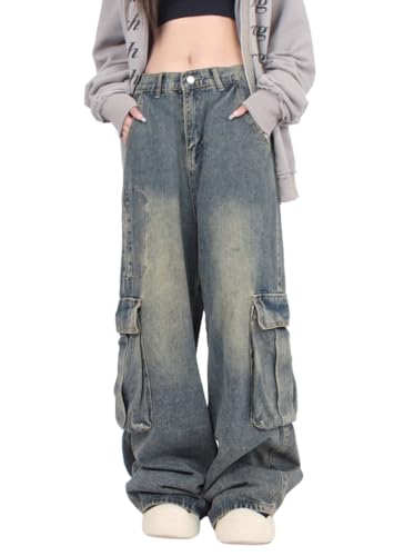 Minetom Cargohose Damen Jeanshose Baggy Multi Taschen Boyfriend Hose Locker Sport Freizeithose Denim Hose Casual Straight Jeans Streetwear A08 Blau S von Minetom