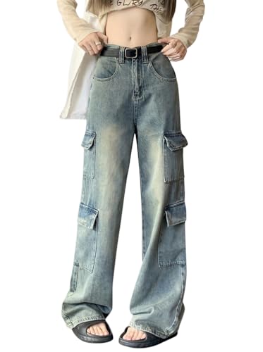 Minetom Cargohose Damen Jeanshose Baggy Multi Taschen Boyfriend Hose Locker Sport Freizeithose Denim Hose Casual Straight Jeans Streetwear A11 Blau S von Minetom