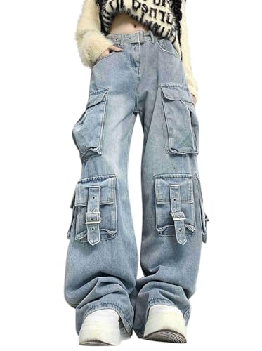 Minetom Cargohose Damen Jeanshose Baggy Multi Taschen Boyfriend Hose Locker Sport Freizeithose Denim Hose Casual Straight Jeans Streetwear A13 Blau XS von Minetom
