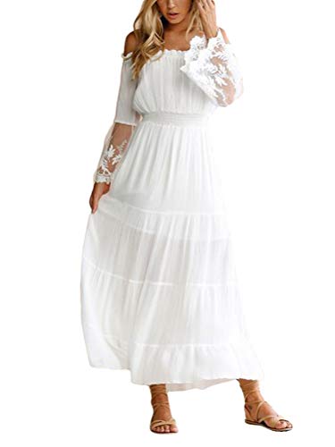 Minetom Chiffon Langes Kleid Damen Floral Spitzenkleid Schulterfrei Strandkleid Langarm Elegant Boho Maxikleid Party Hochzeit Abendkleid Cocktailkleid A Weiß M von Minetom