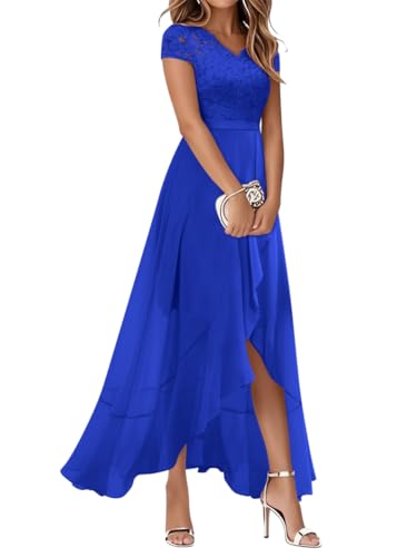 Minetom Cocktailkleid Damen Abendkleider Elegant Für Hochzeit Spitzenkleid Chiffon Hi-Lo Kleid Brautjunferkleid Partykleid Abschlusskleid Lang Ballkleid A Blau XL von Minetom