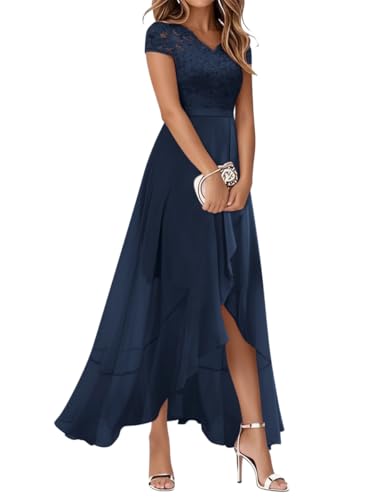 Minetom Cocktailkleid Damen Abendkleider Elegant Für Hochzeit Spitzenkleid Chiffon Hi-Lo Kleid Brautjunferkleid Partykleid Abschlusskleid Lang Ballkleid A Marine M von Minetom