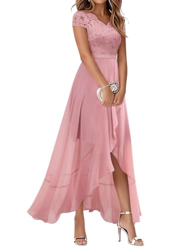 Minetom Cocktailkleid Damen Abendkleider Elegant Für Hochzeit Spitzenkleid Chiffon Hi-Lo Kleid Brautjunferkleid Partykleid Abschlusskleid Lang Ballkleid A Rosa M von Minetom