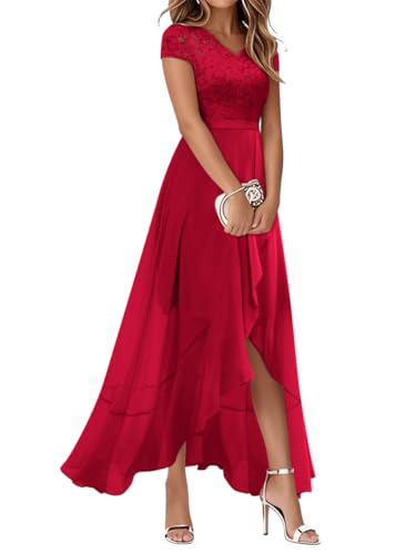 Minetom Cocktailkleid Damen Abendkleider Elegant Für Hochzeit Spitzenkleid Chiffon Hi-Lo Kleid Brautjunferkleid Partykleid Abschlusskleid Lang Ballkleid A Rot 3XL von Minetom