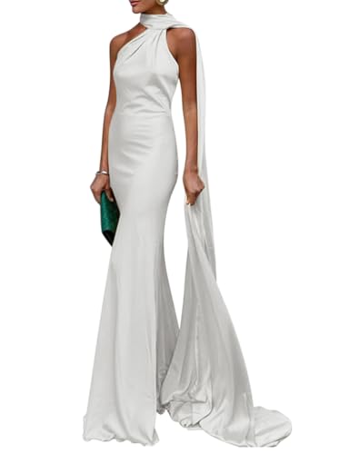 Minetom Cocktailkleid Damen Elegant Neckholder Satin Abendkleid Partykleid Maxikleid Rückenfrei Hochzeit Festlich Langes Kleid A Weiß XL von Minetom