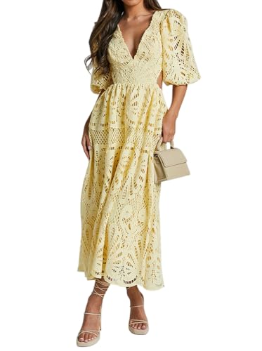 Minetom Cocktailkleid Damen Elegant Spitzenkleid Hochzeitskleid Langes Kleid Partykleid Abendkleid Brautjungfernkleid V-Ausschnitt A-Linie Maxikleid B Gelb XS von Minetom