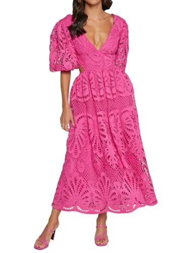 Minetom Cocktailkleid Damen Elegant Spitzenkleid Hochzeitskleid Langes Kleid Partykleid Abendkleid Brautjungfernkleid V-Ausschnitt A-Linie Maxikleid B Rose XS von Minetom