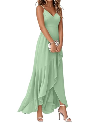 Minetom Cocktailkleid Damen V-Ausschnitt Festlich Träger Hochtief Kleider Für Hochzeit Rüschensaum Sommerkleid Elegantes Partykleid Maxi Brautjungfernkleider A Grün M von Minetom