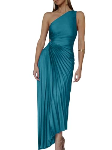 Minetom Cocktailkleider Damen Elegant Eine Schulter Ärmellos Plissee Wickelkleid Festliches Kleid Lang Abend Party Ballkleid Brautjungfer Maxikleid Blau S von Minetom