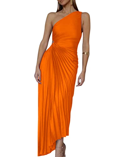 Minetom Cocktailkleider Damen Elegant Eine Schulter Ärmellos Plissee Wickelkleid Festliches Kleid Lang Abend Party Ballkleid Brautjungfer Maxikleid Orange M von Minetom