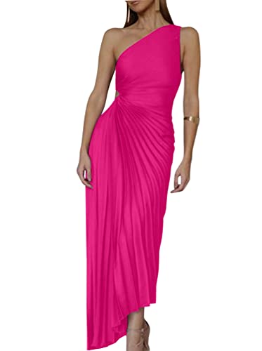 Minetom Cocktailkleider Damen Elegant Eine Schulter Ärmellos Plissee Wickelkleid Festliches Kleid Lang Abend Party Ballkleid Brautjungfer Maxikleid Rose S von Minetom