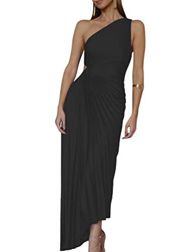 Minetom Cocktailkleider Damen Elegant Eine Schulter Ärmellos Plissee Wickelkleid Festliches Kleid Lang Abend Party Ballkleid Brautjungfer Maxikleid Schwarz XXL von Minetom