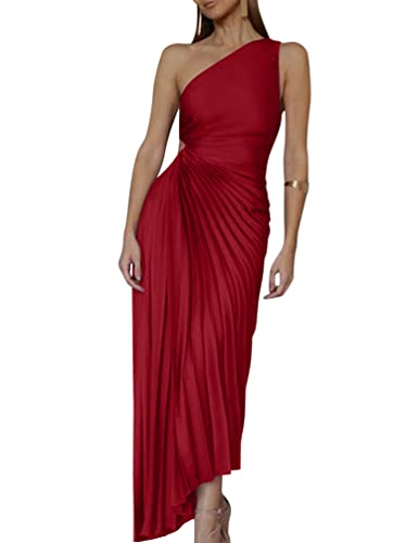 Minetom Cocktailkleider Damen Elegant Eine Schulter Ärmellos Plissee Wickelkleid Festliches Kleid Lang Abend Party Ballkleid Brautjungfer Maxikleid Weinrot XS von Minetom