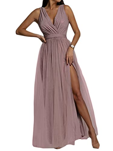 Minetom Cocktailkleider Damen Elegant Festliches Kleid Lang Abend Party Ballkleid Brautjungfer V-Ausschnitt Split Maxikleid A Rosa S von Minetom