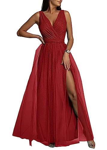 Minetom Cocktailkleider Damen Elegant Festliches Kleid Lang Abend Party Ballkleid Brautjungfer V-Ausschnitt Split Maxikleid A Rot M von Minetom