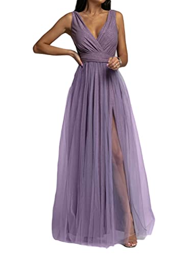 Minetom Cocktailkleider Damen Elegant Festliches Kleid Lang Abend Party Ballkleid Brautjungfer V-Ausschnitt Split Maxikleid A Violett S von Minetom