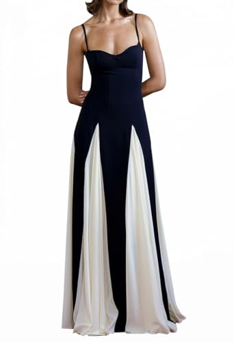 Minetom Cocktailkleider Damen Elegant Spaghettiträger Farbblock A-Linie Partykleid Abendkleid Maxikleid V-Ausschnitt Ärmellos Brautjungfer Lange Kleider 1 A Schwarz M von Minetom