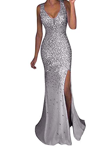 Minetom Cocktailkleider Damen Hochzeitskleid Frauen Festliches Kleid Glänzend Pailletten Elegant Lang Abend Party Ballkleid Brautjungfer V-Ausschnitt Split Maxikleid A Silber M von Minetom