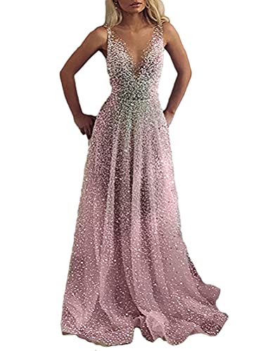 Minetom Cocktailkleider Damen Hochzeitskleid Frauen Festliches Kleid Glänzend Pailletten Elegant Lang Abend Party Ballkleid Brautjungfer V-Ausschnitt Split Maxikleid B Rosa L von Minetom